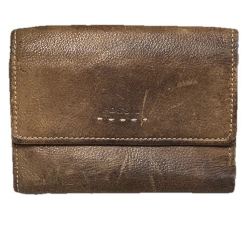 Fossil Women's Pebbled Brown Leather Trifold Wallet (SH6)